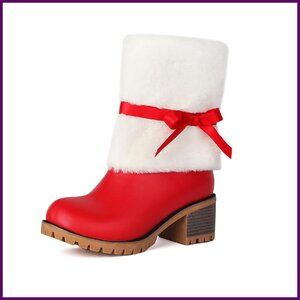 Women's Suede Ankle Boots with Chunky Block Heel, Furry Bowknot Detail